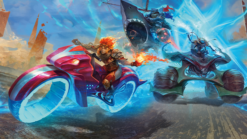 An Akira-style bike, a bug riding a four wheeler, and a flying pirate ship helmed by shark, all racing through the desert.